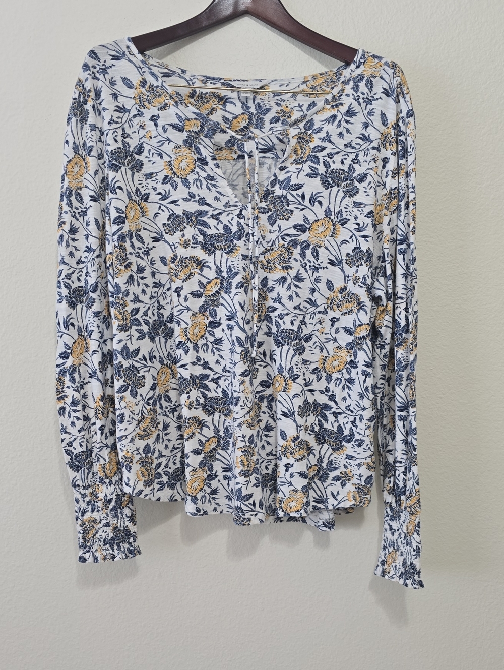 Lucky Brand White Long-Sleeve Henley Top with Navy and Yellow Floral Print L